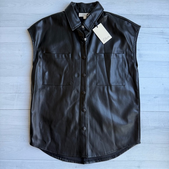 Elan Tops - NWT Elan Black Faux Leather Florence  Sleeveless Button Down Collared Top S